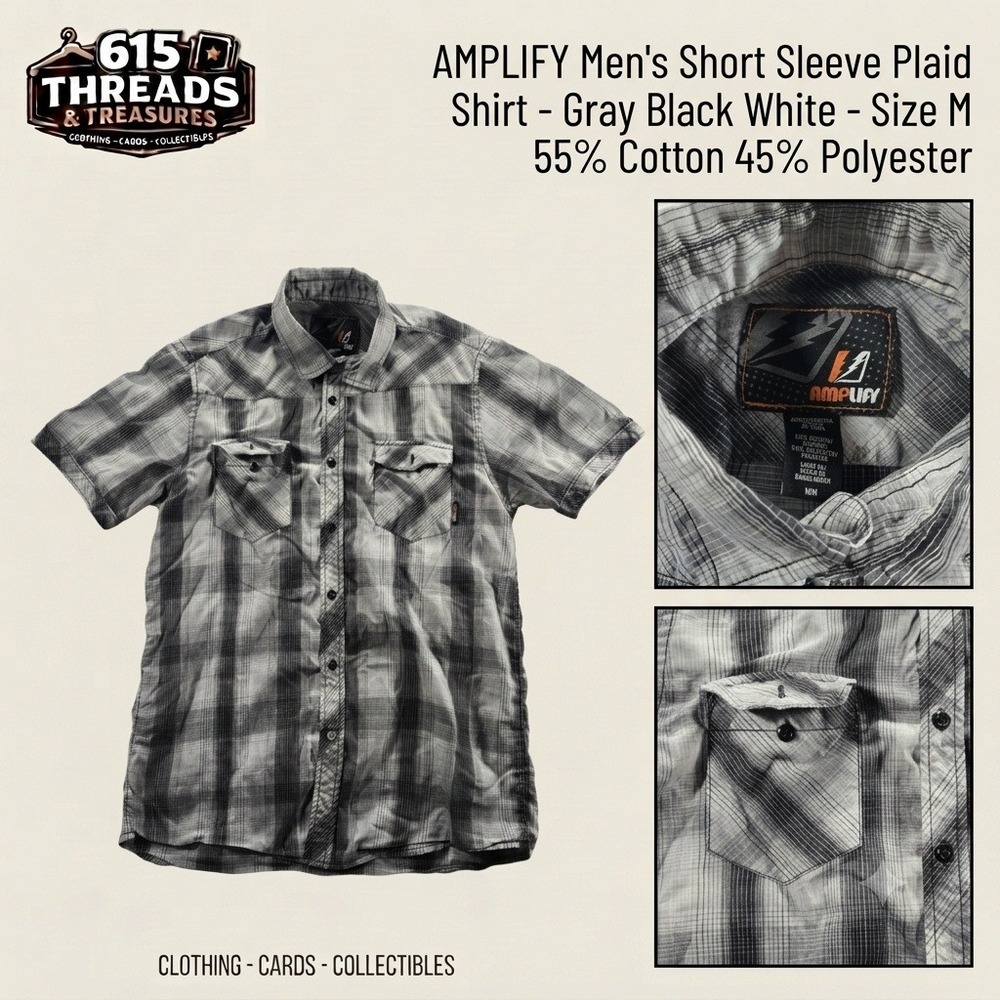 Amplify Mens Shirt Medium M Gray Black White Plaid Short Sleeve Button Down